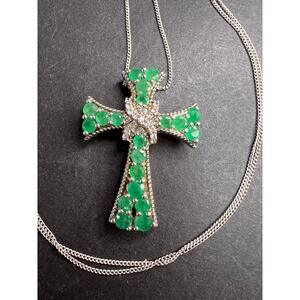 Emerald and zircon sterling silver cross pendant with 20 inch chain